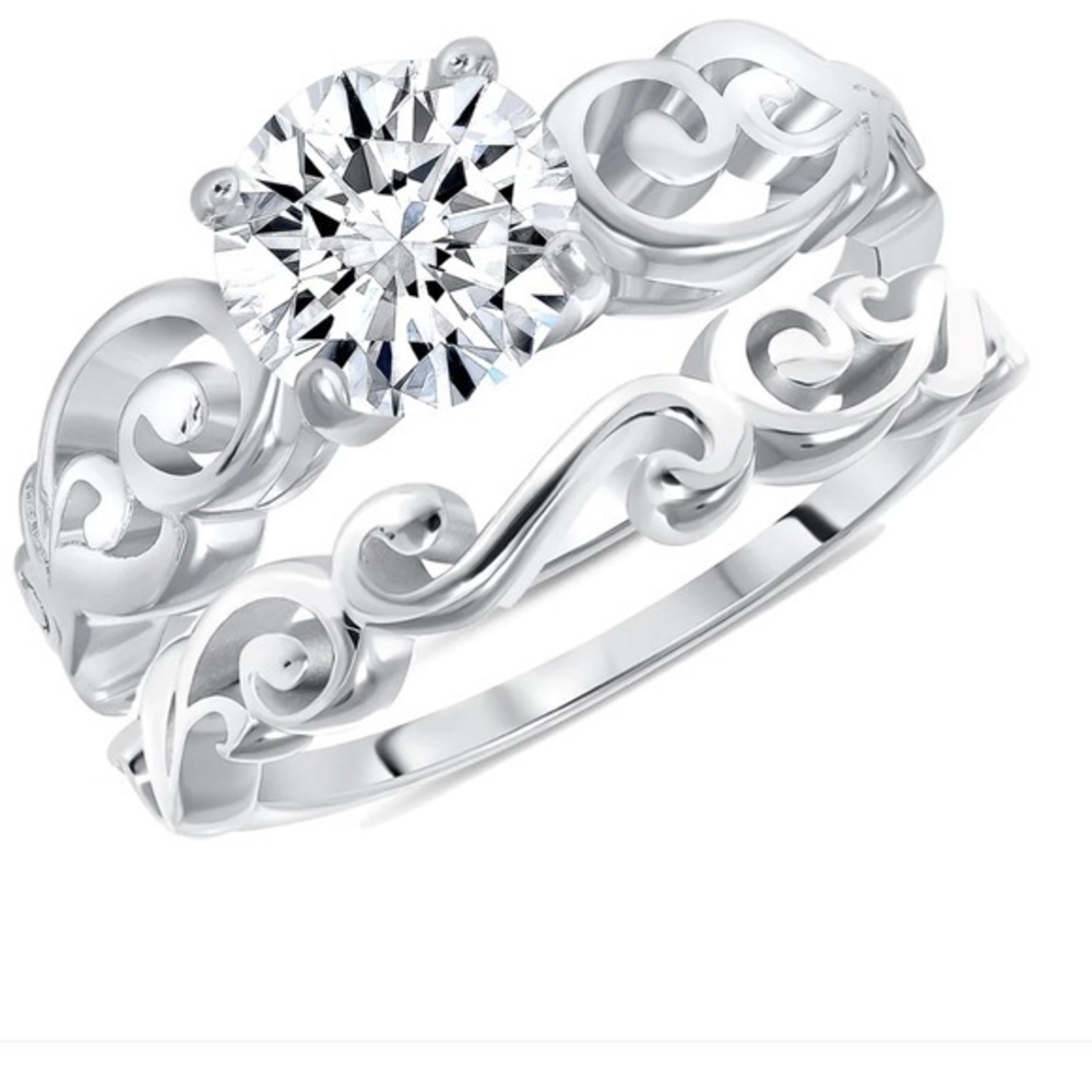 Silver 925 Rhodium Plated Wave Design Engagement Ring 2pc Set